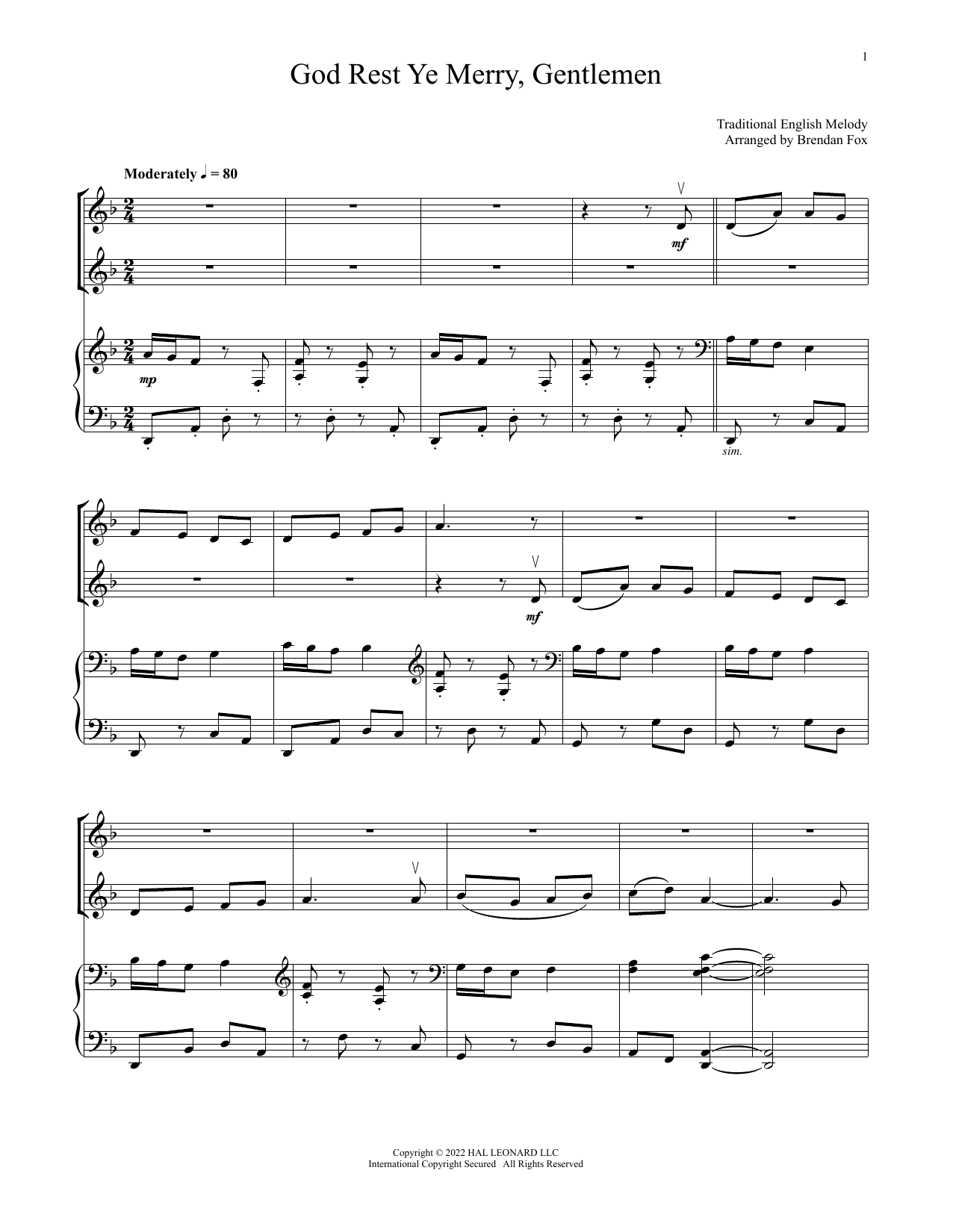 Product gallery: Page 1 of 1 God Rest Ye Merry, Gentlemen (for Violin Duet and Piano), Traditional English Carol