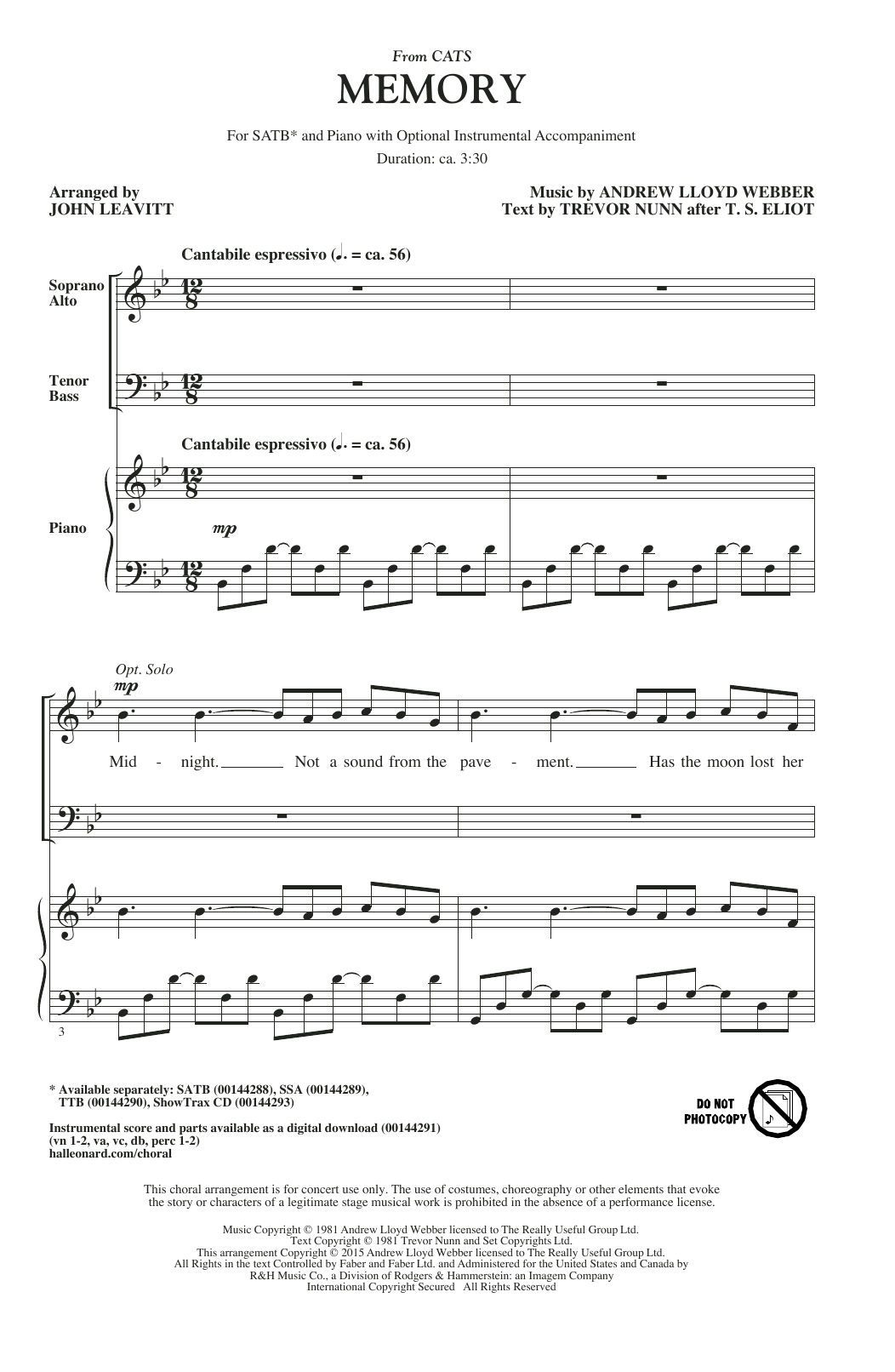 Product picture to: Memory (from Cats) (arr. John Leavitt)