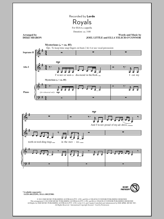 Product gallery: Page 1 of 1 Royals (arr. Deke Sharon), Lorde