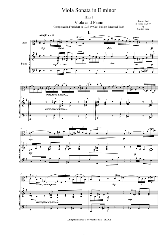 Product picture to: Viola Sonata in E-Moll H551Carl Philipp Emanuel Bach