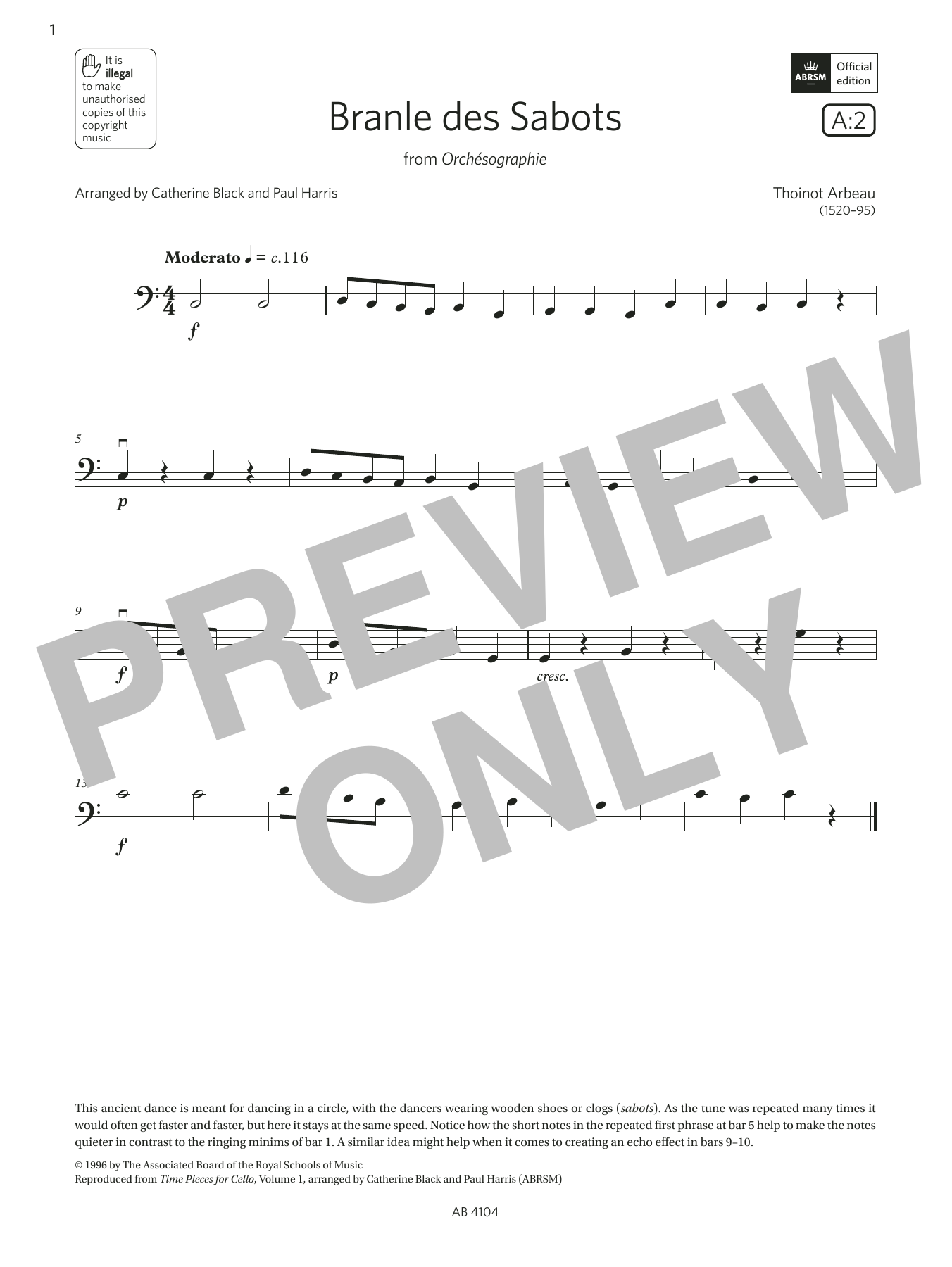 Produktbild zu:  Branle des Sabots (Grade 1, A2, from the ABRSM Cello Syllabus from 2024) - Arbeau