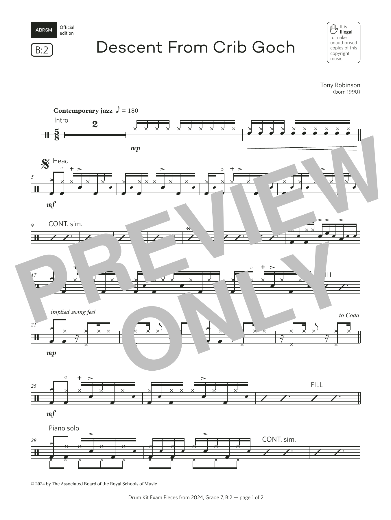 Product gallery: Page 1 of 1 Descent From Crib Goch (Grade 7, list B2, from the ABRSM Drum Kit Syllabus 2024), Tony Robinson