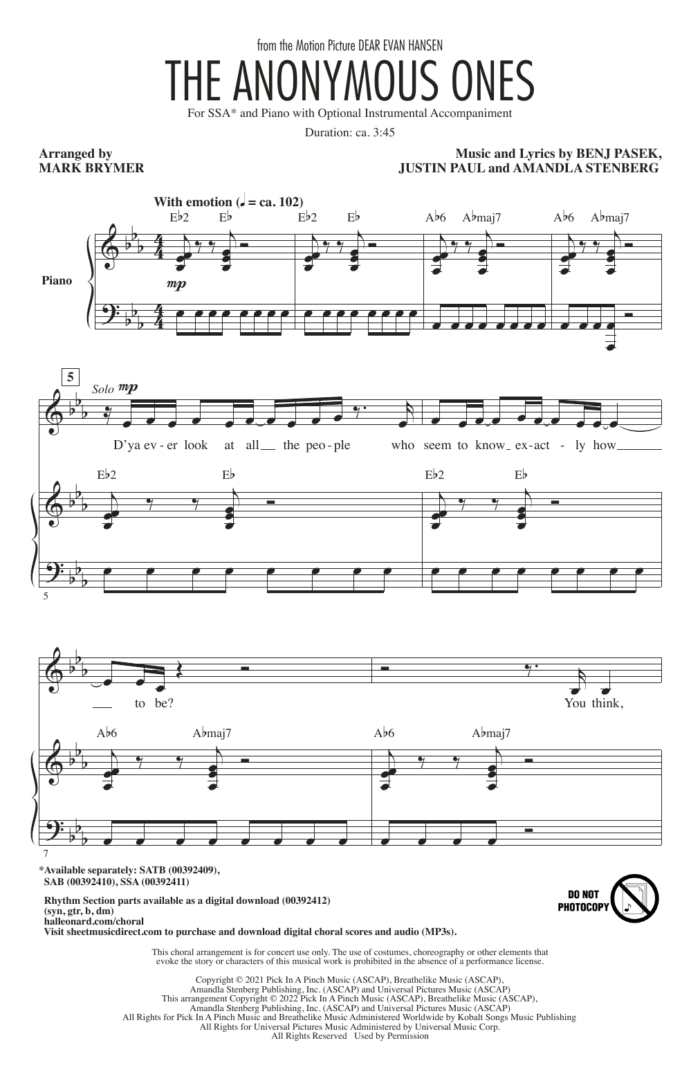 Produktgalerie: Seite 1 von 1 The Anonymous Ones (from Dear Evan Hansen) (arr. Mark Brymer), Benj Pasek, Justin Paul & Amandla Stenberg, Chor