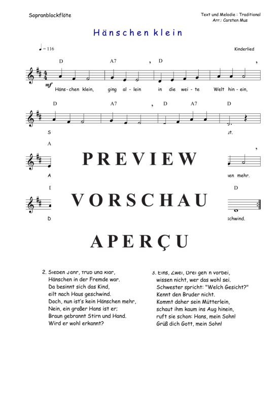 Product picture to: Hänschen Klein (D - Dur) Traditional