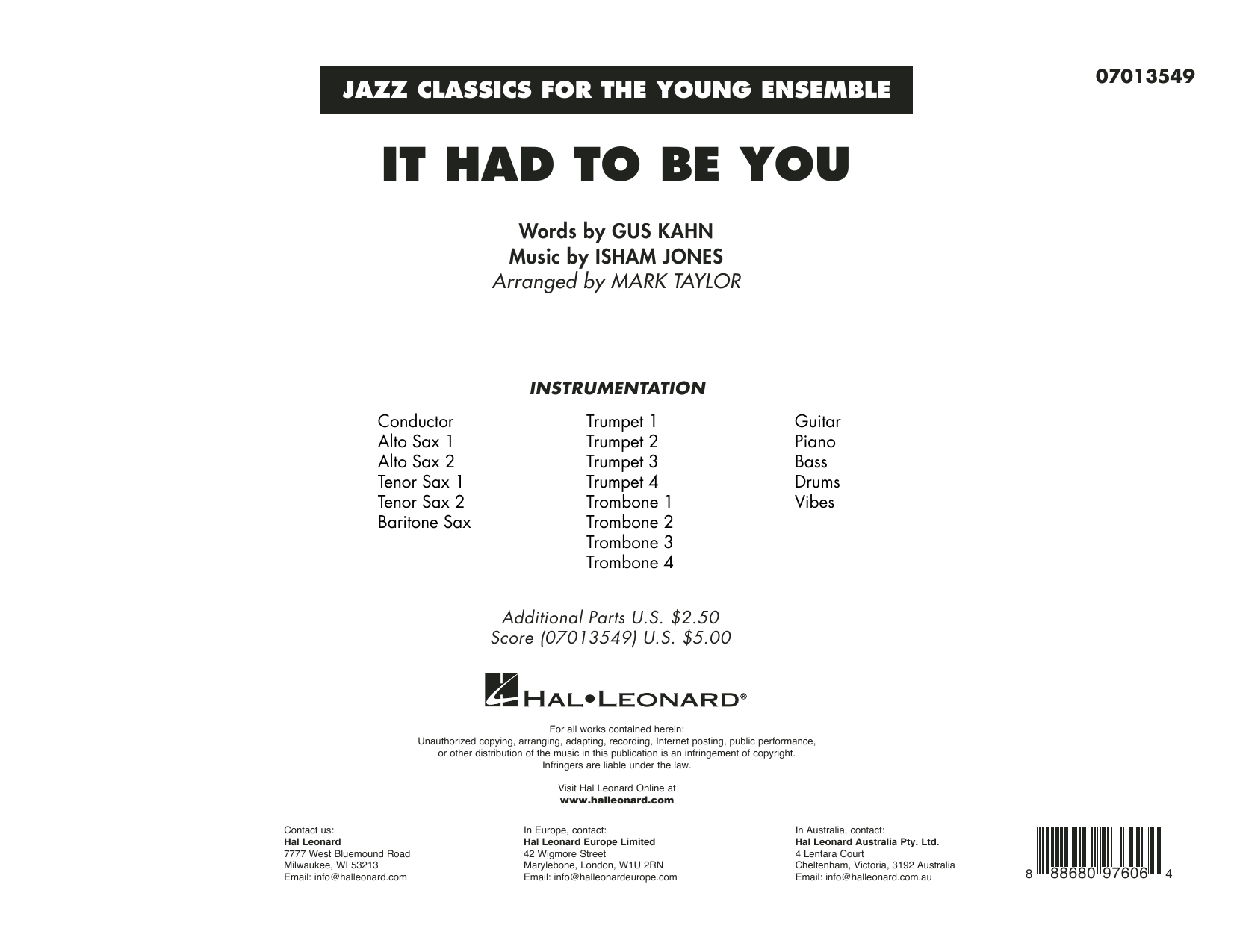 Produktgalerie: Seite 1 von 1 It Had to Be You (arr. Mark Taylor) - Conductor Score (Full Score), 