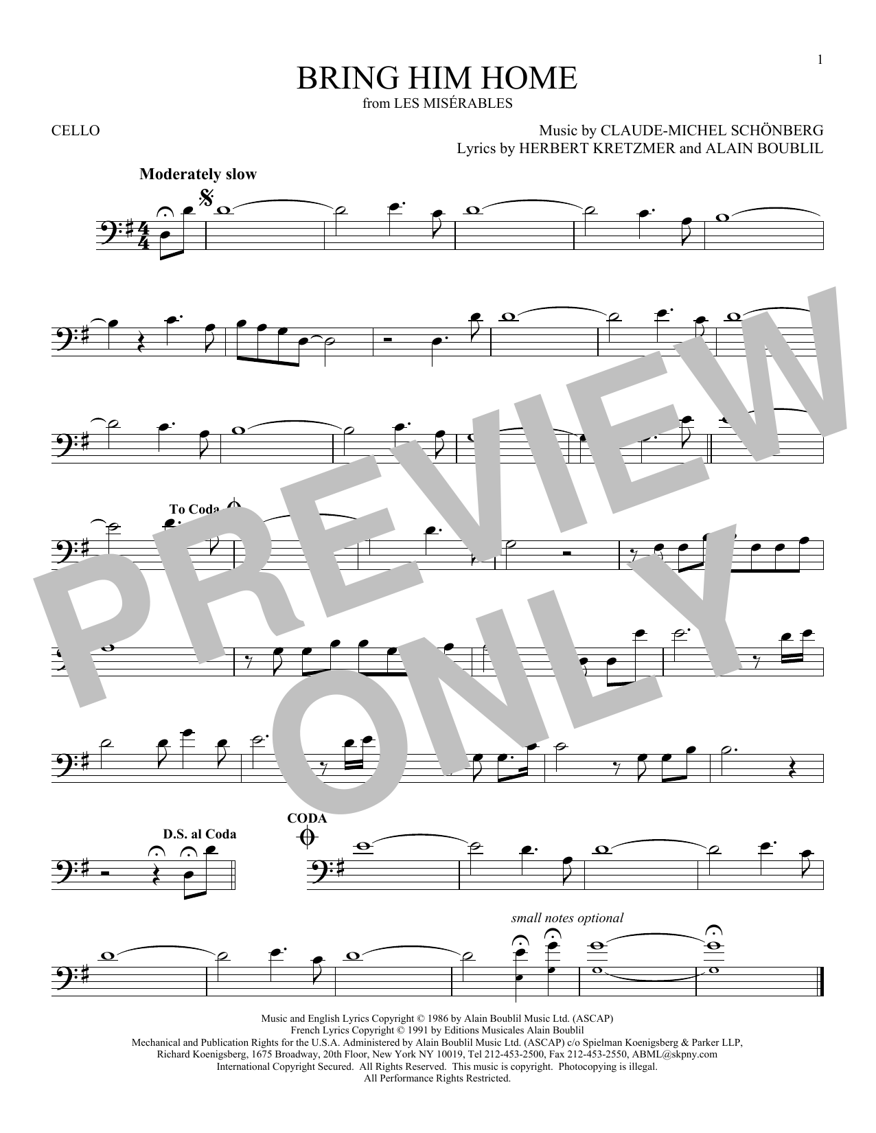 Produktgalerie: Seite 1 von 1 Bring Him Home, Alain Boublil, Violoncello