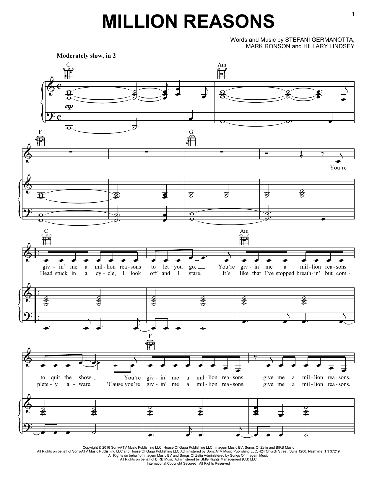 Produktgalerie: Seite 1 von 1 Million Reasons, Lady Gaga, Gesang, Gitarre, Klavier