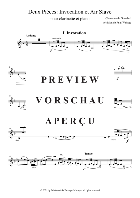 Product gallery: Page 21 of 21 Deux Pièces : Invocation et Air Slave , , (clarinet in Bb + piano)