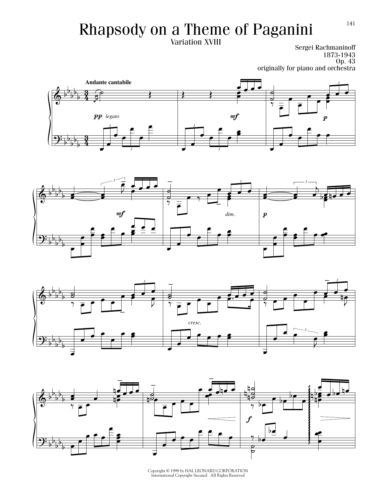 Product picture to: Rhapsody On A Theme Of Paganini, Variation XVIII