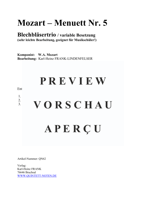 Produktgalerie: Seite 2 von 11 Mozart Menuett Nr. 5, , Blechbläsertrio