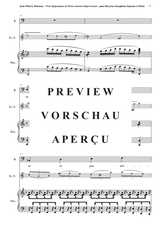 Product gallery: Page 9 of 16 Trois Épigrammes de Pierre-Antoine Dupré-Lavaré , , (baritone voice, soprano saxophone + piano)