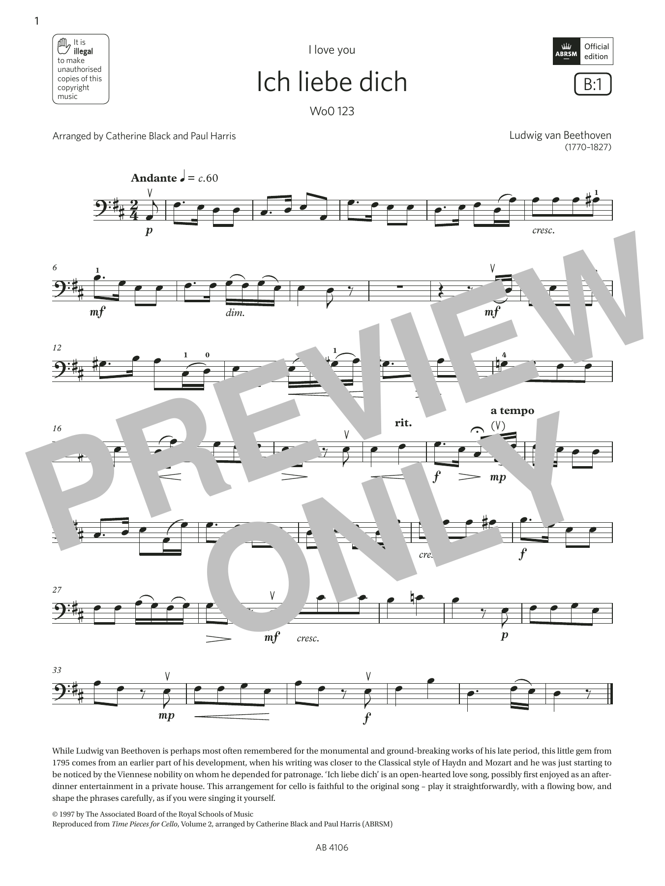 Produktbild zu:  Ich liebe dich (Grade 3, B1, from the ABRSM Cello Syllabus from 2024) - Ludwig van Beethoven