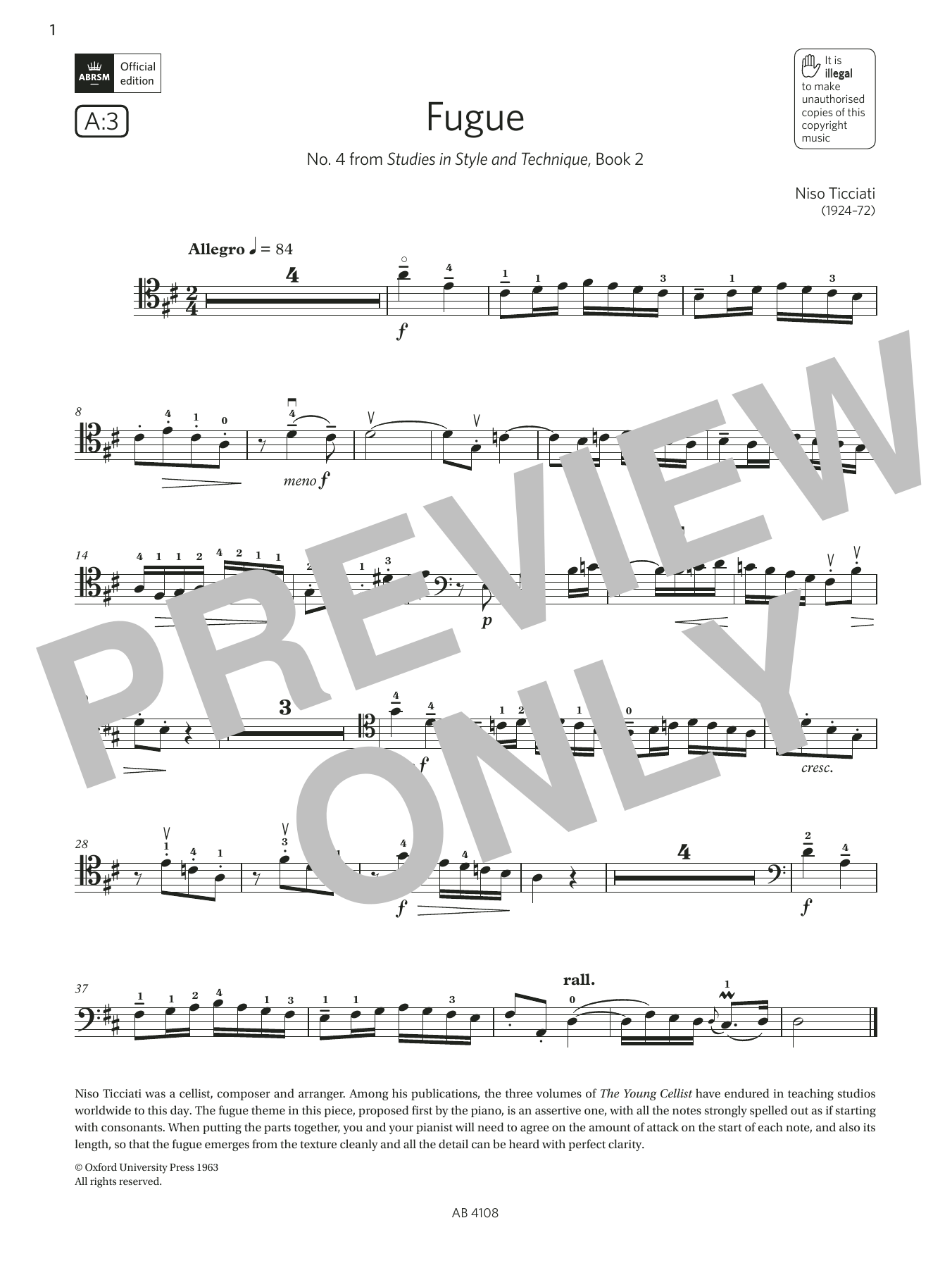Produktbild zu:  Fugue (Grade 5, A3, from the ABRSM Cello Syllabus from 2024) - Niso Ticciati