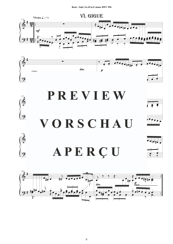 Produktgalerie: Seite 10 von 11 Piano Suite No.10 in E-Moll BWV 996 - Complete Piano Version, , Klavier Solo