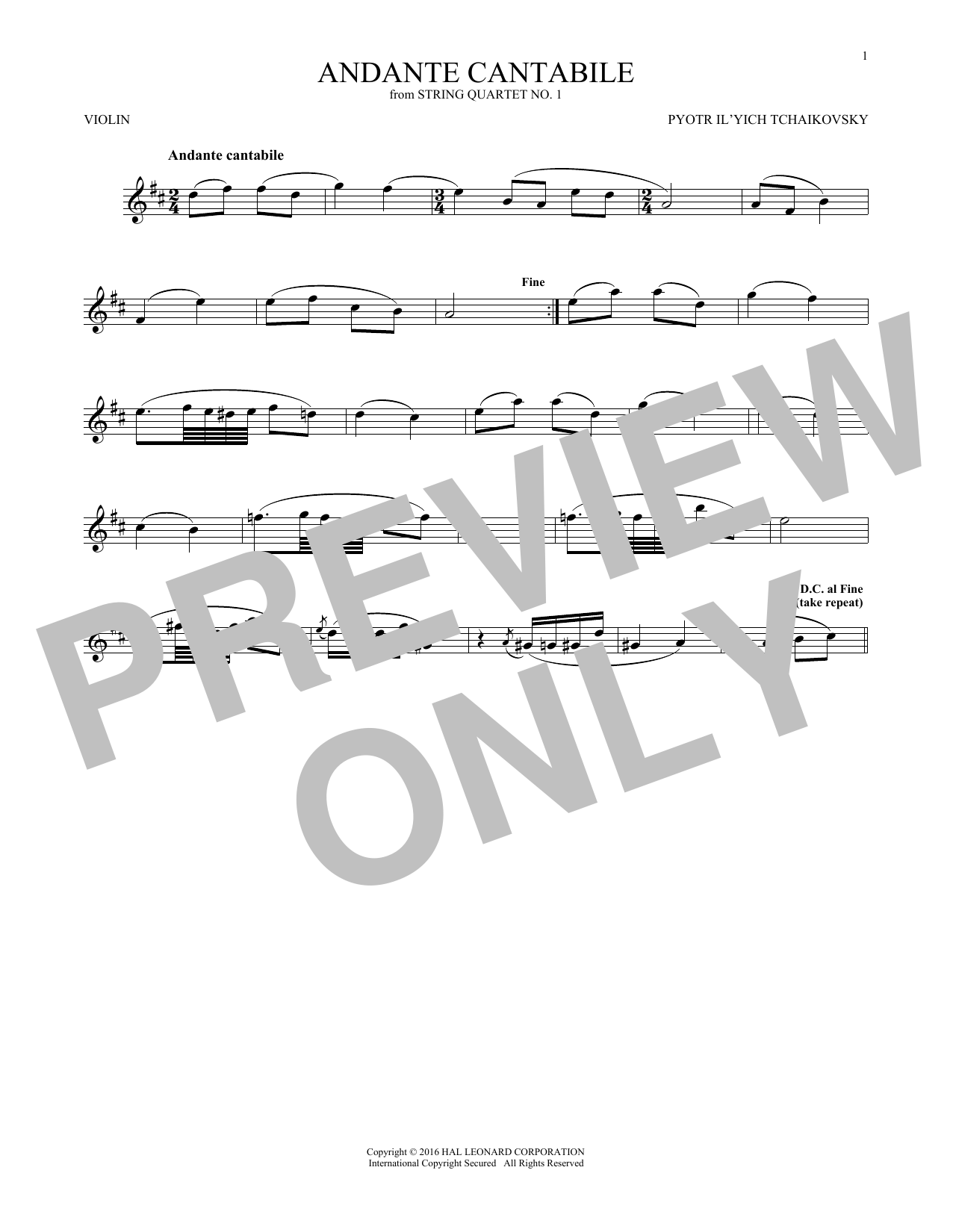 Produktbild zu:  Andante Cantabile - Pyotr Il'yich Tchaikovsky