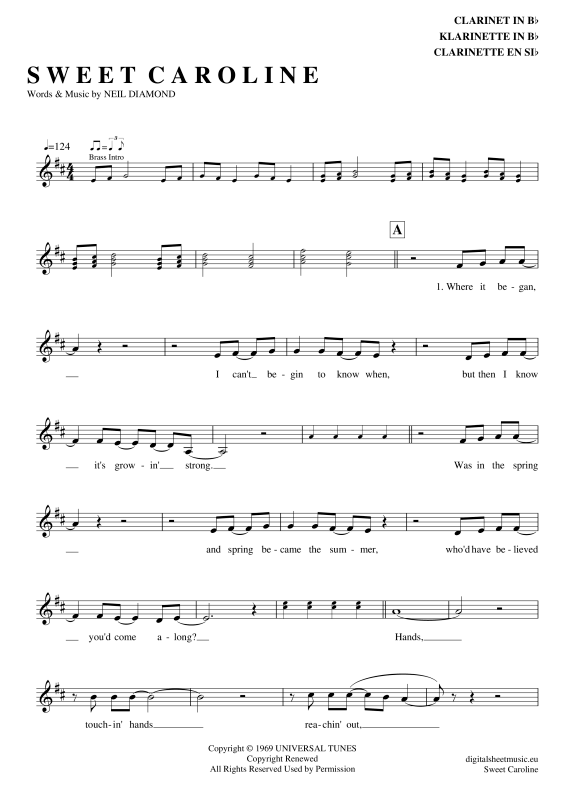 Product gallery: Page 1 of 4 Sweet Caroline , Diamond, Neil, Clarinet in B-flat