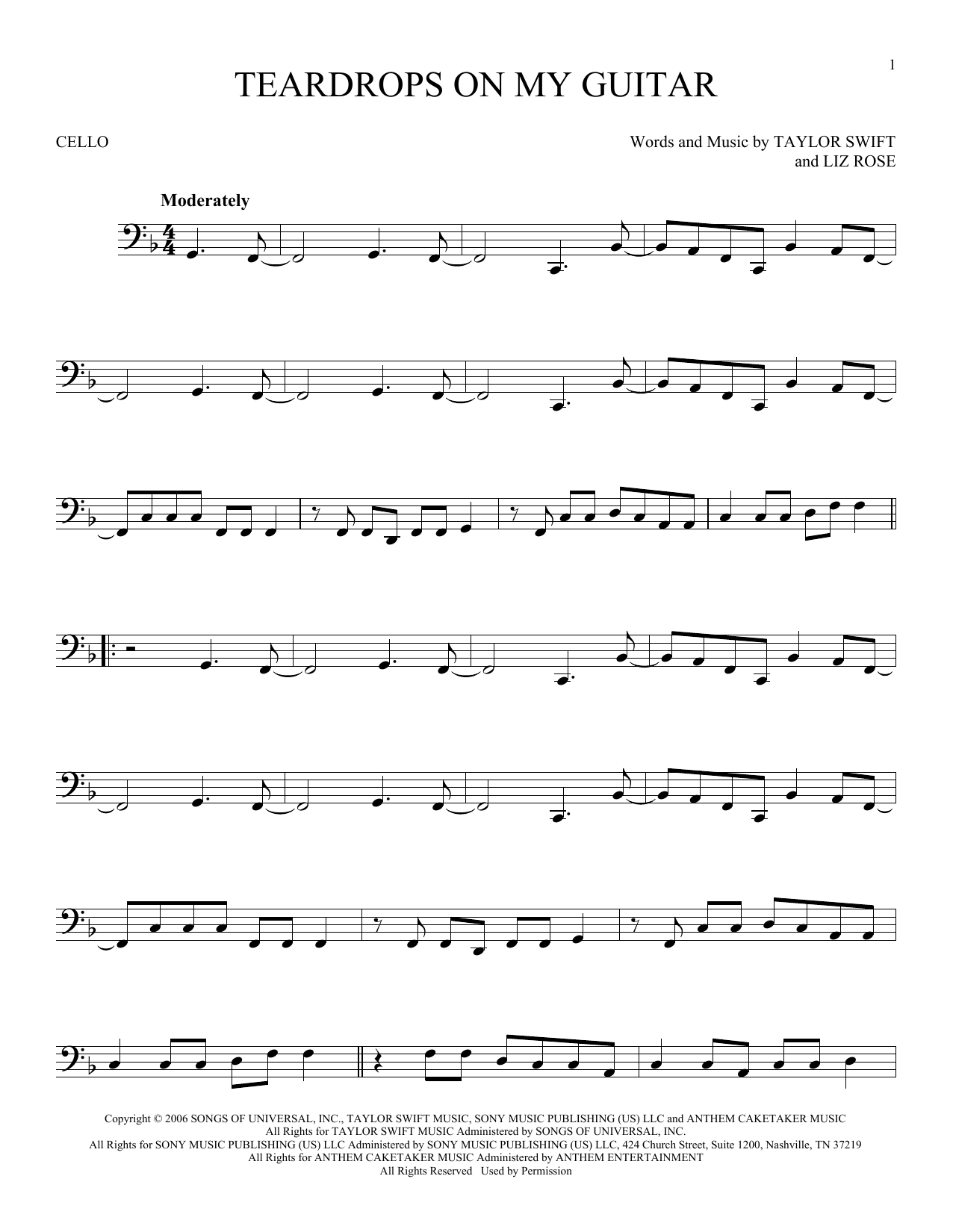 Produktgalerie: Seite 1 von 1 Teardrops On My Guitar, Taylor Swift, Violoncello