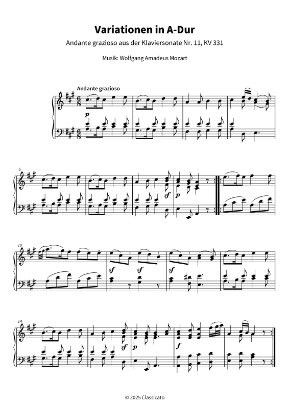 Produktgalerie: Seite 1 von 11 Variationen in A-Dur - Andante grazioso aus der Klaviersonate Nr. 11, KV 331, Wolfgang Amadeus Mozart, Klavier Solo