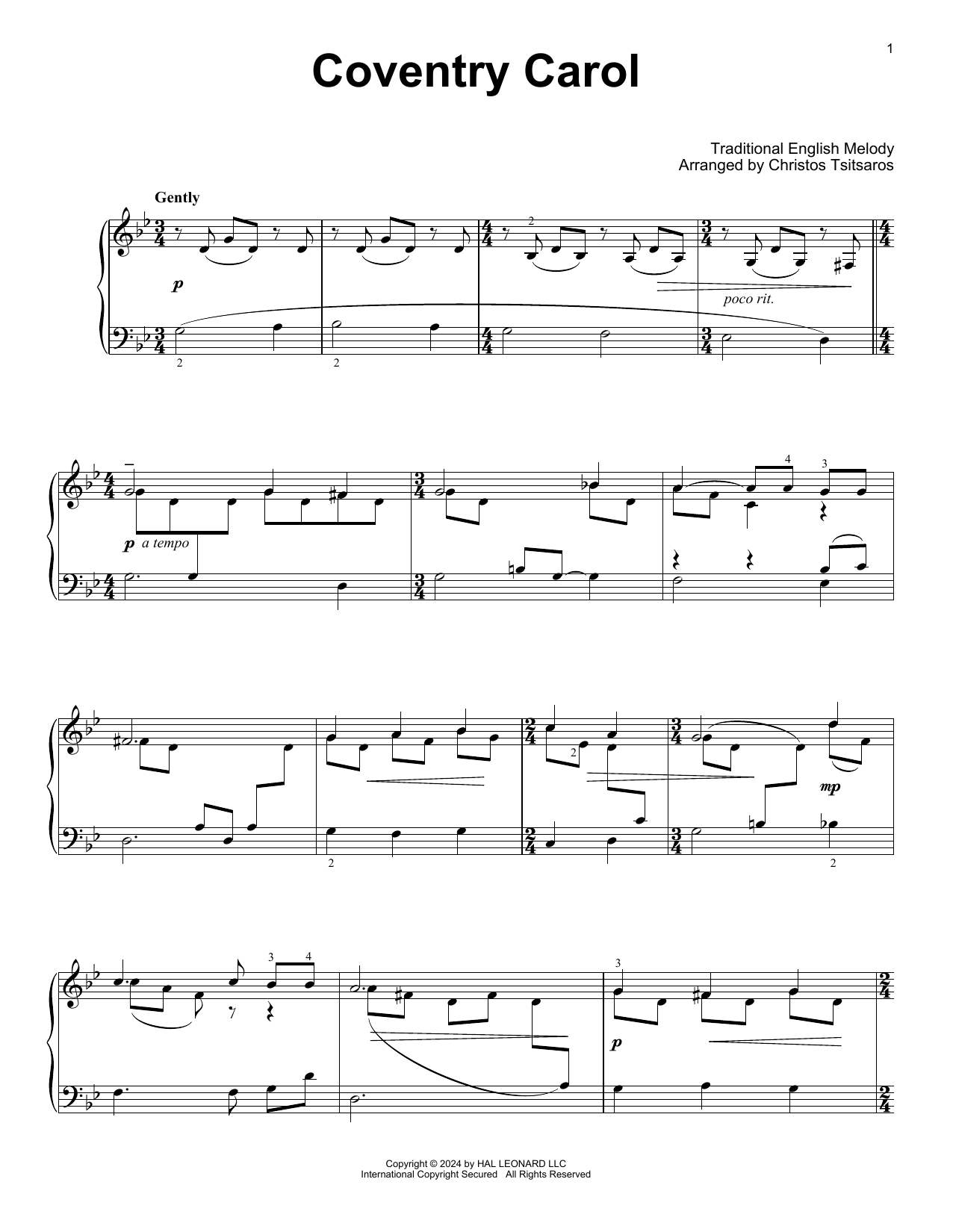 Produktgalerie: Seite 1 von 1 Coventry Carol (arr. Christos Tsitsaros), Traditional English Melody, Klavier
