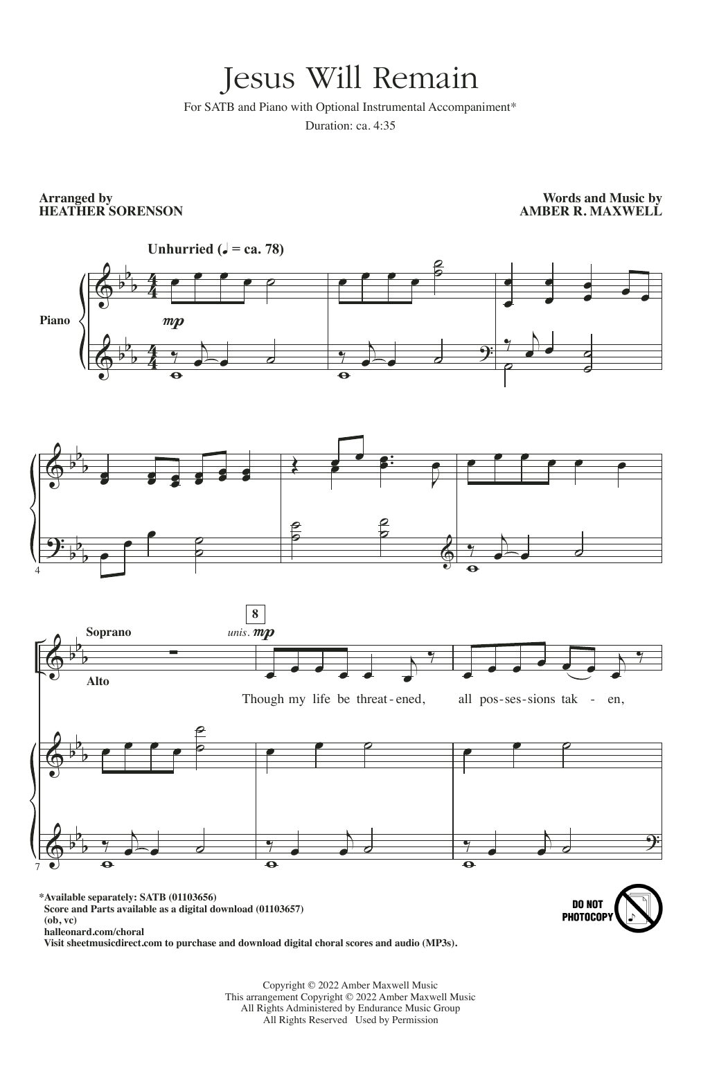Product picture to: Jesus Will Remain (arr. Heather Sorenson)
