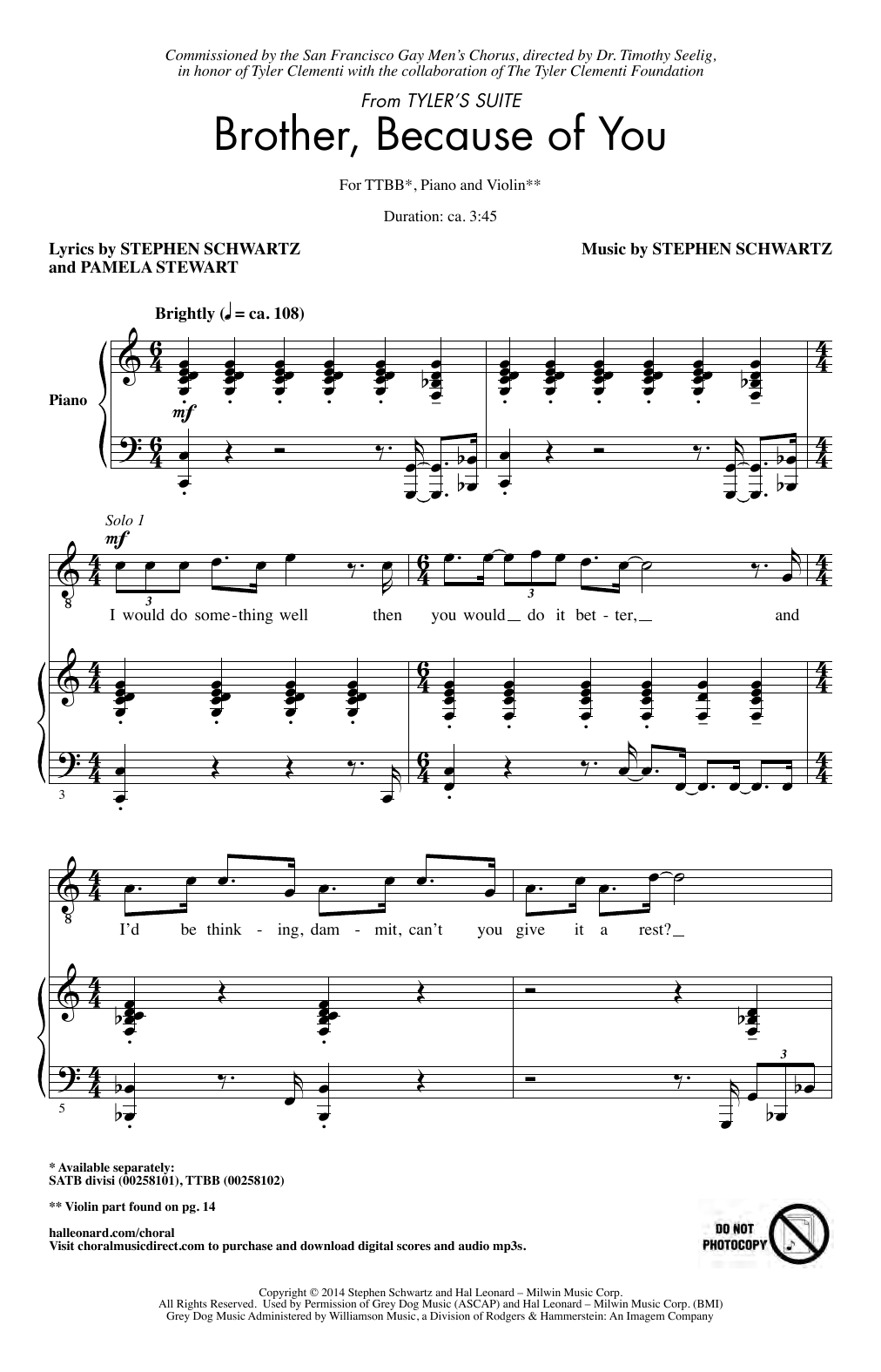 Produktbild zu: Brother, Because Of You (from Tyler's Suite) (Arr. Sarsony)