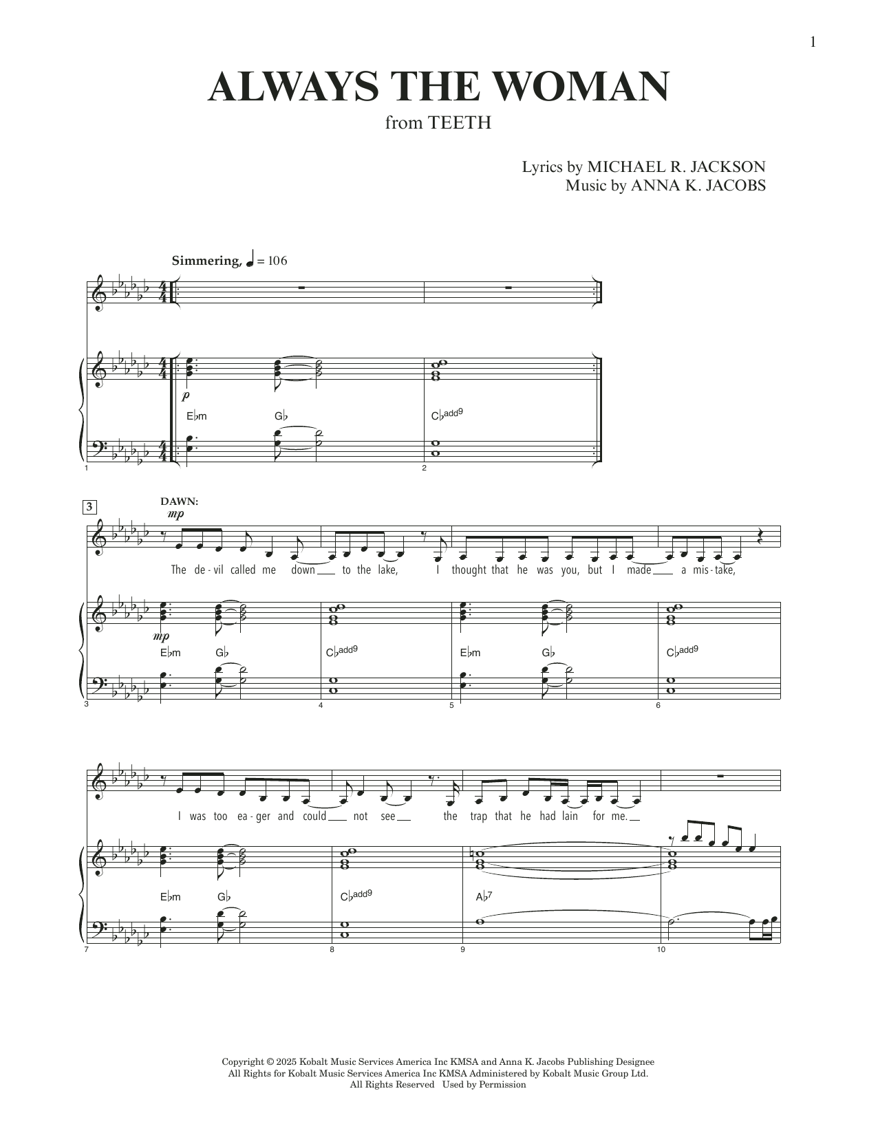 Produktgalerie: Seite 1 von 1 Always The Woman (from Teeth) (E-flat Minor), Anna K. Jacobs and Michael R. Jackson, Gesang, Klavier