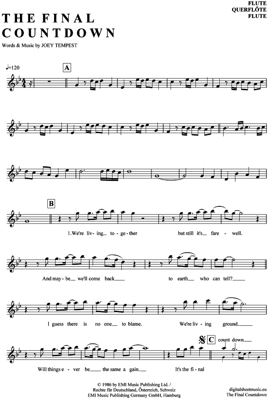 Product gallery: Page 1 of 4 The Final Countdown , Europe, (transverse flute)