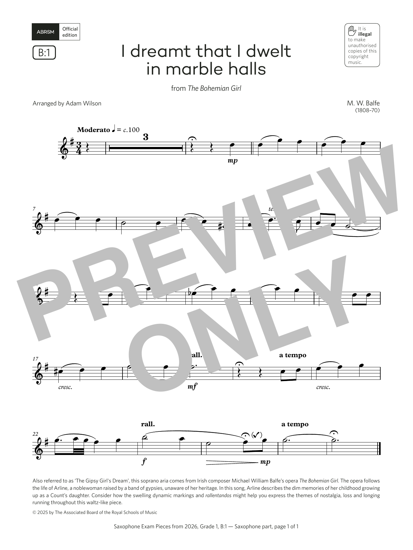 Product gallery: Page 1 of 1 I dreamt that I dwelt (Grade 1, list B1, from the ABRSM Saxophone Syllabus from 2026), Michael William Balfe