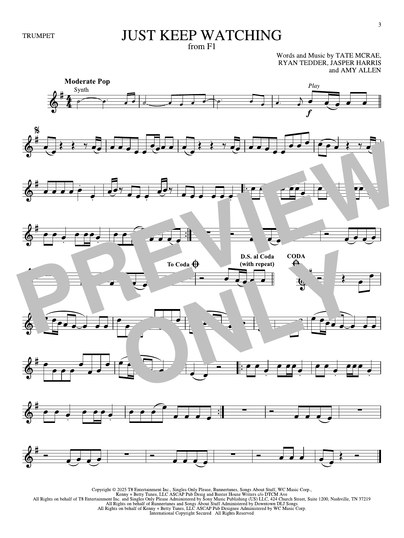 Produktgalerie: Seite 1 von 1 Just Keep Watching (from F1: The Movie), Tate McRae, Trompete