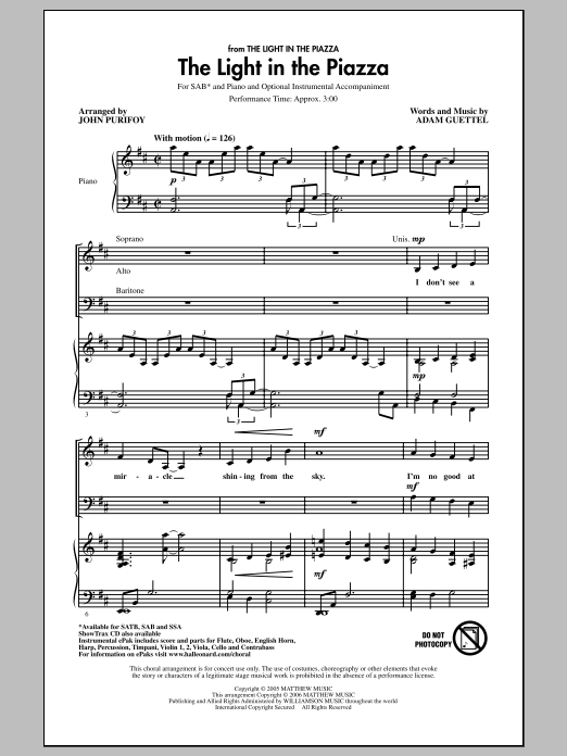Product gallery: Page 1 of 1 The Light In The Piazza (arr. John Purifoy), Adam Guettel