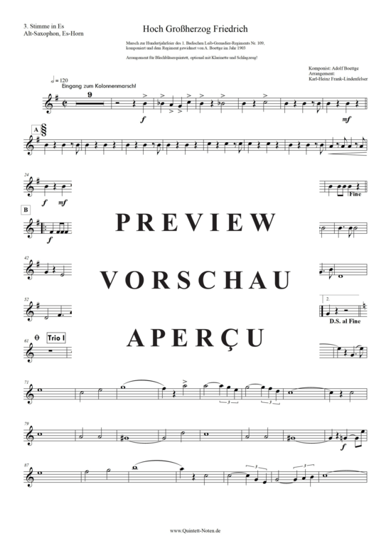 Produktgalerie: Seite 18 von 21 Hoch! Großherzog Friedrich , Blasorchester Fatamo, (Blechbläser Quintett - flexible Besetzung + Schlagzeug)