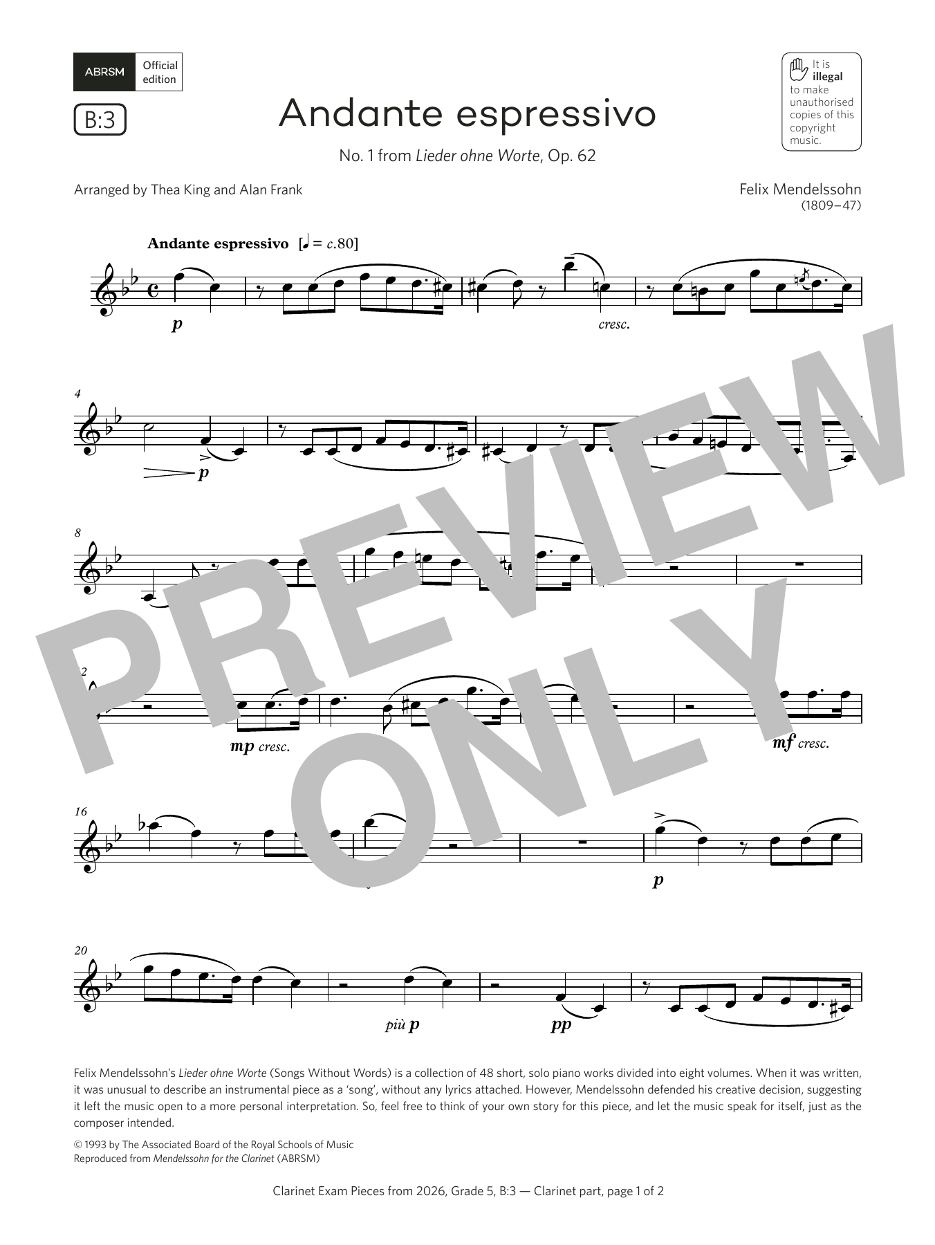 Product gallery: Page 1 of 1 Andante espressivo (Grade 5, list B3, from the ABRSM Clarinet Syllabus from 2026), Felix Mendelssohn