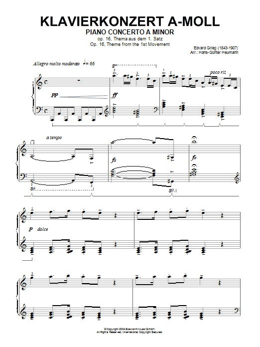 Product gallery: Page 1 of 1 Opening Theme from the First Movement of the Piano Concerto in A Minor, Op.16, Edvard Grieg