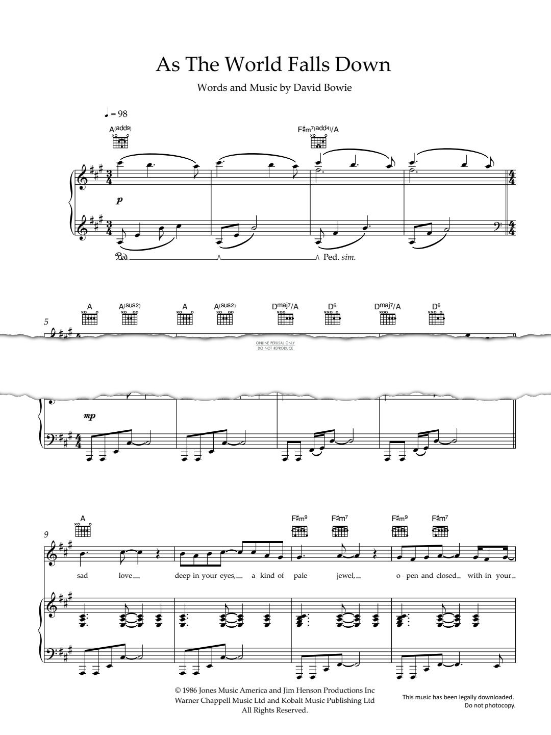 Produktgalerie: Seite 1 von 1 As The World Falls Down, David Bowie, Gesang, Gitarre, Klavier