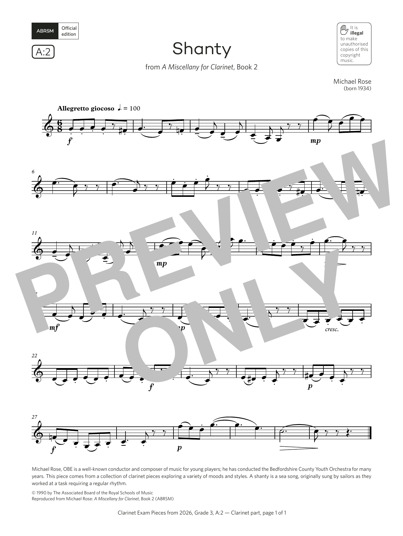 Product gallery: Page 1 of 1 Shanty (Grade 3, list A2, from the ABRSM Clarinet Syllabus from 2026), Michael Rose