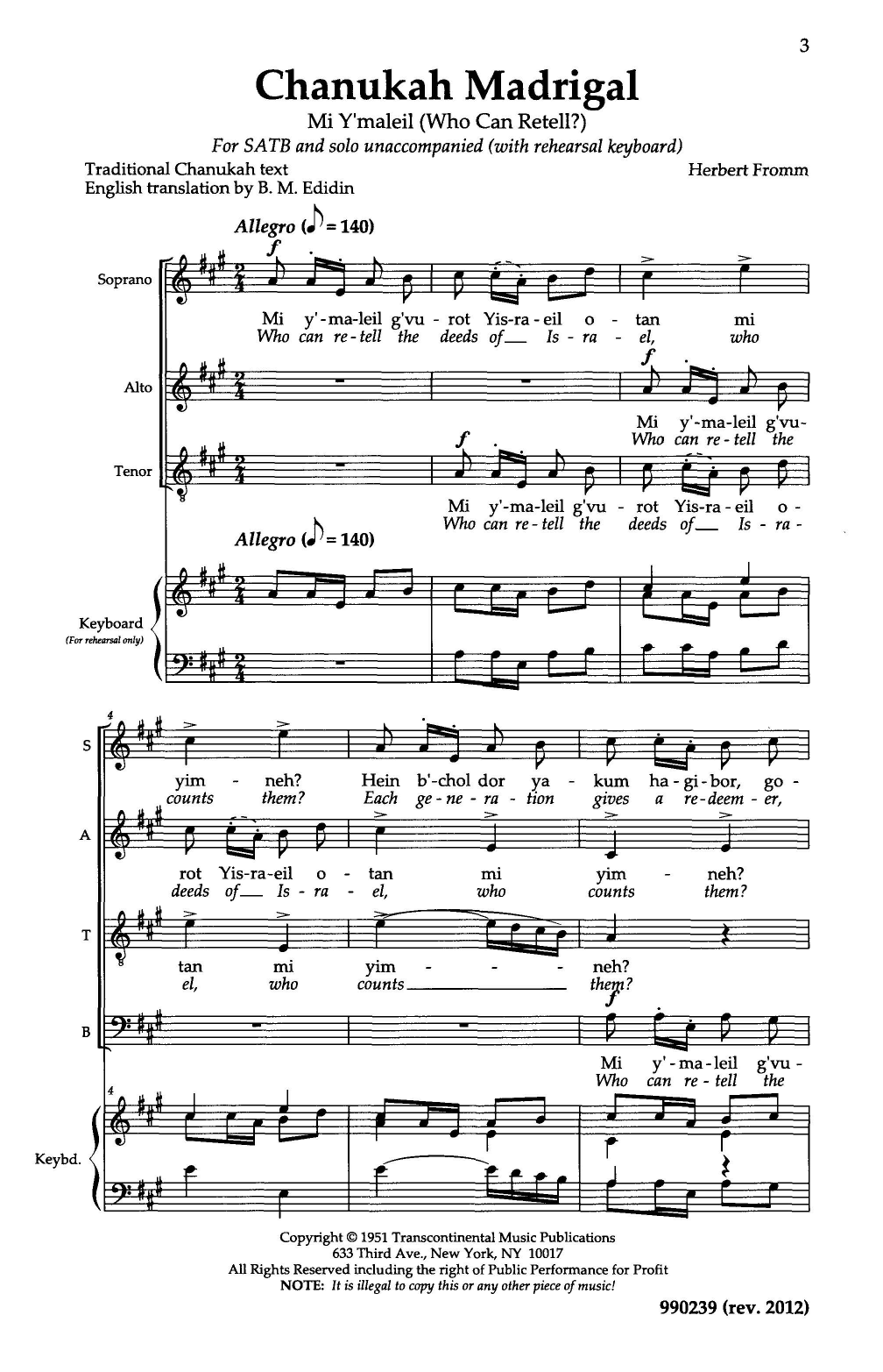 Produktgalerie: Seite 1 von 1 Hanukkah Madrigal (Mi Y'mallel), Herbert Fromm, Chor