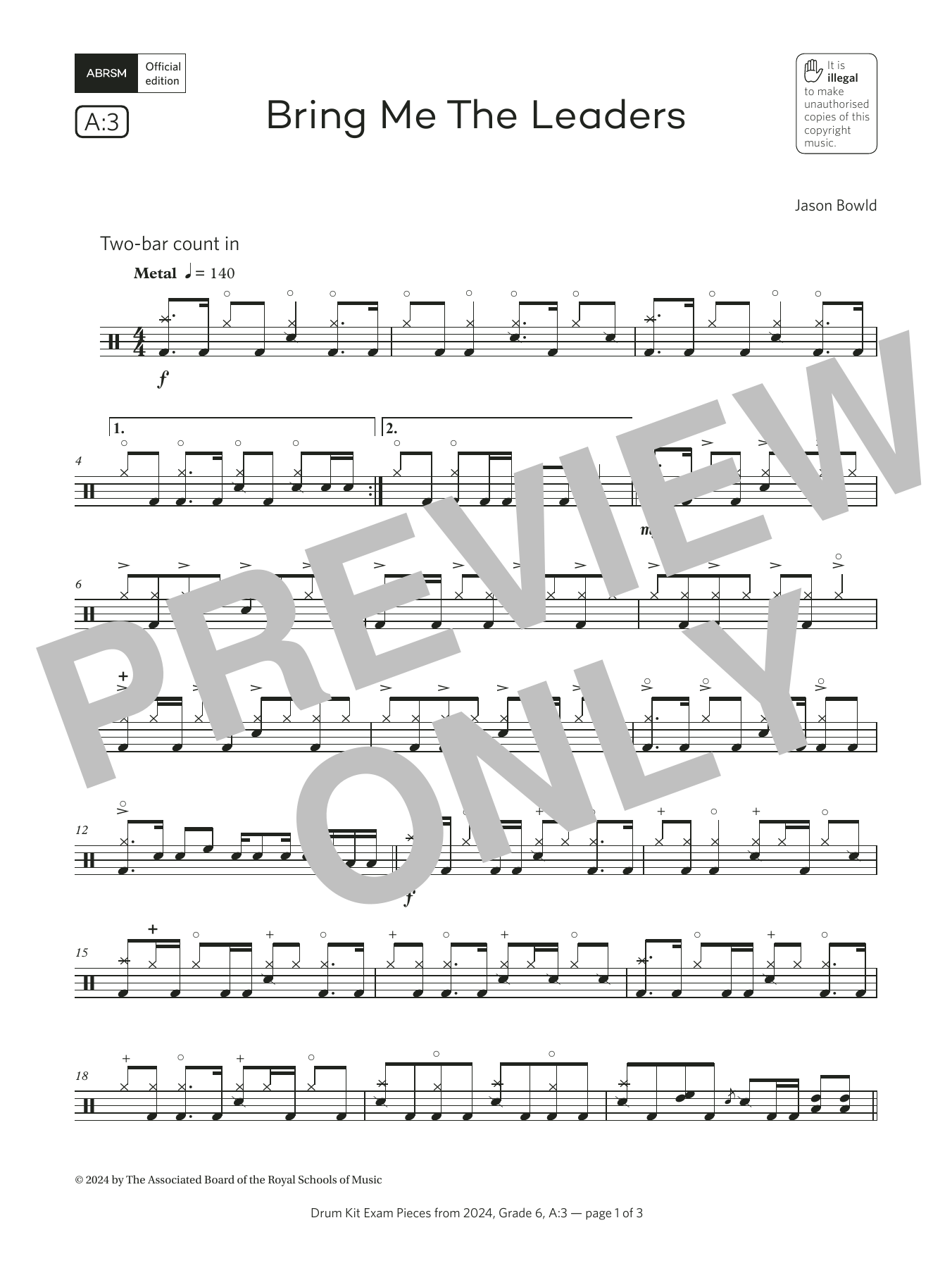Product gallery: Page 1 of 1 Bring Me The Leaders (Grade 6, list A3, from the ABRSM Drum Kit Syllabus 2024), Jason Bowld