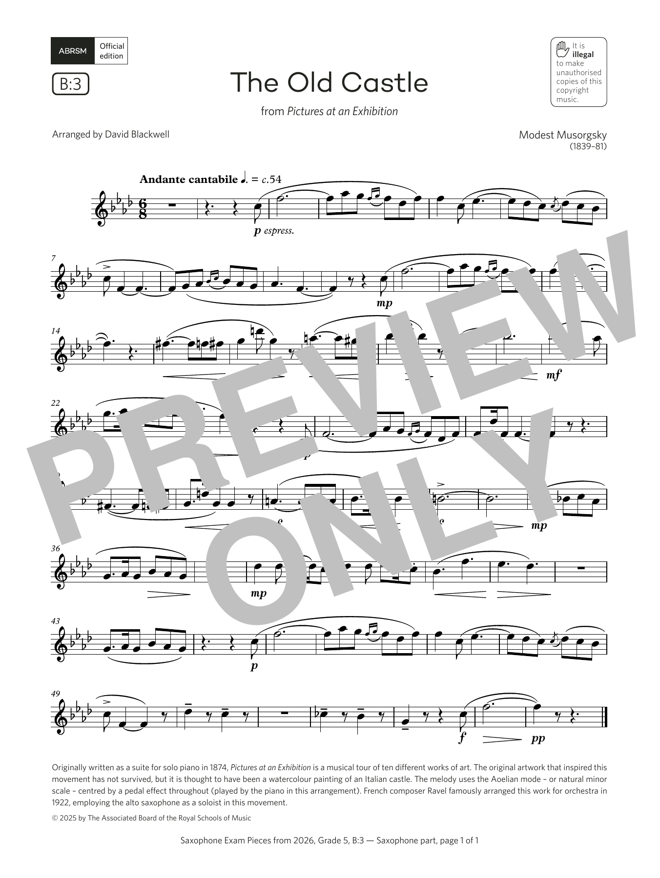 Product gallery: Page 1 of 1 The Old Castle (Grade 5, list B3, from the ABRSM Saxophone Syllabus from 2026), Modest Petrovich Musorgsky
