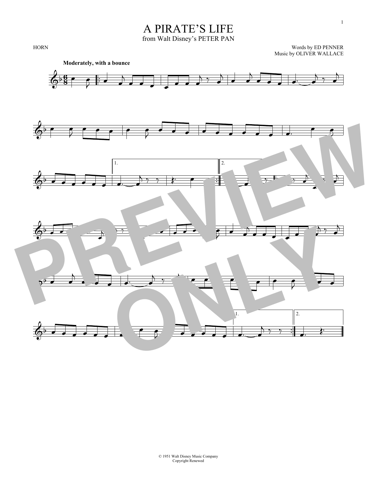 Produktgalerie: Seite 1 von 1 A Pirate's Life (from Peter Pan), Oliver Wallace & Ed Penner, Horn