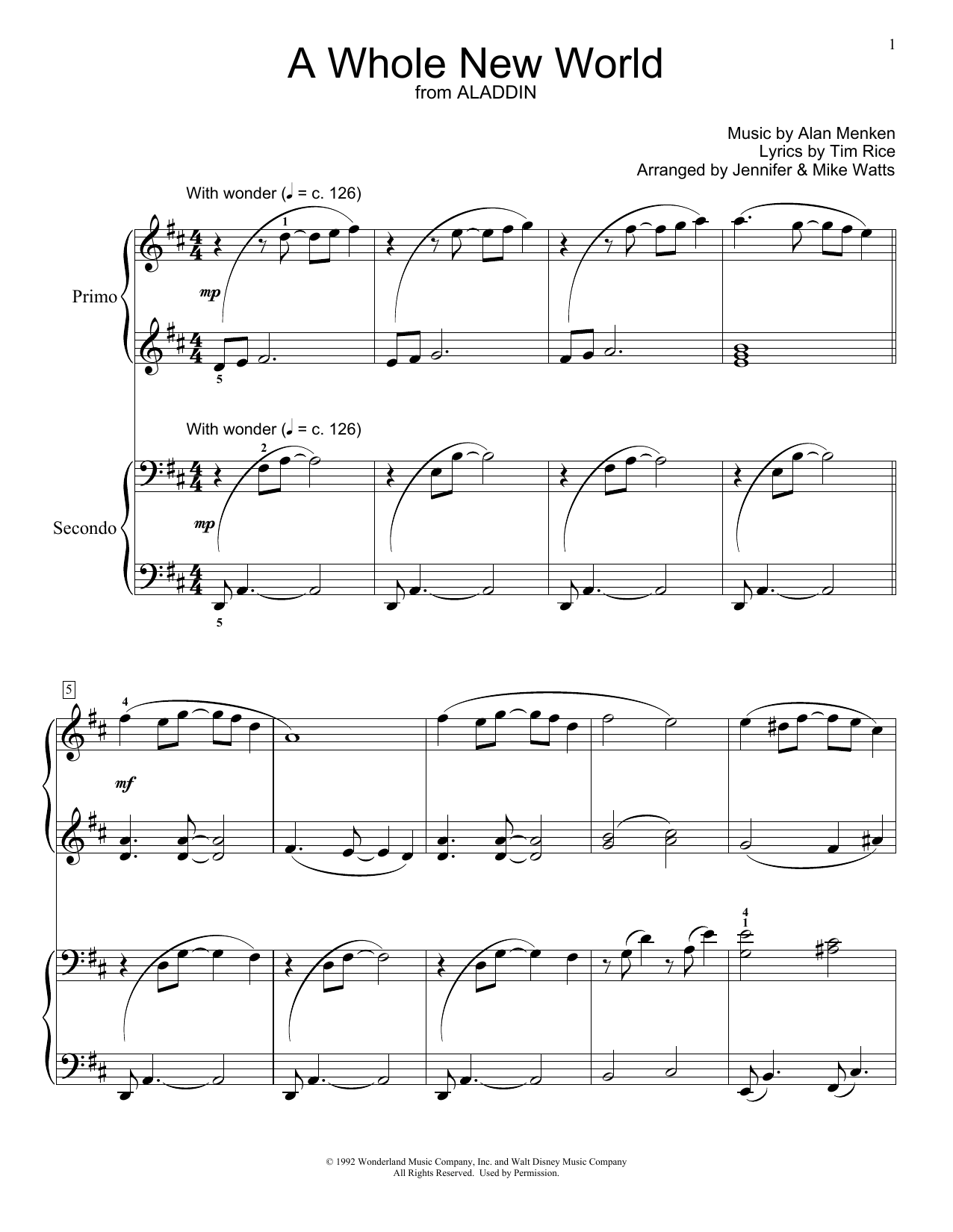Product picture to: A Whole New World (from Aladdin) (arr. Jennifer & Mike Watts)