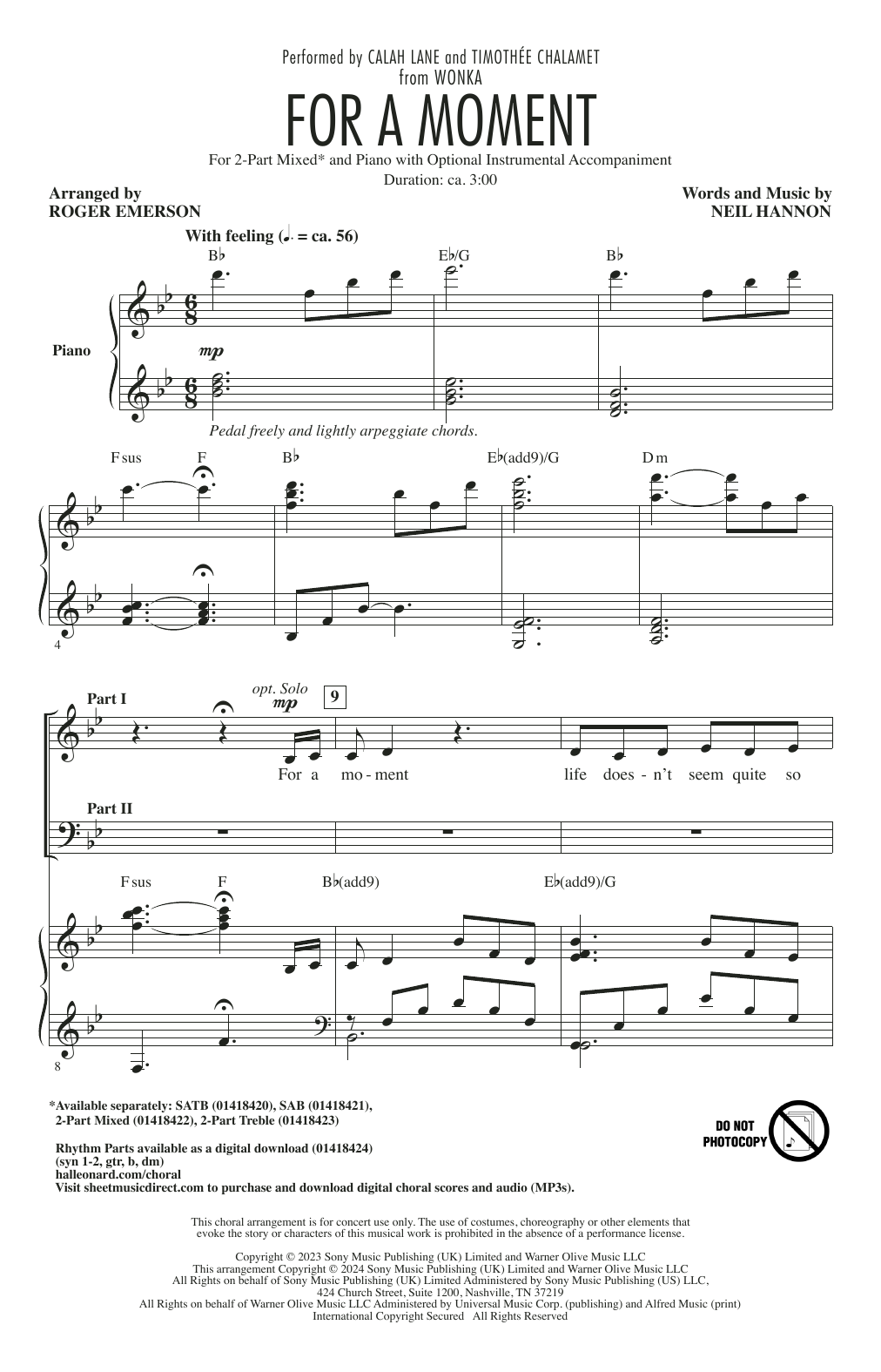 Produktbild zu:  For A Moment (from Wonka) (arr. Roger Emerson) - Calah Lane & Timothée Chalamet