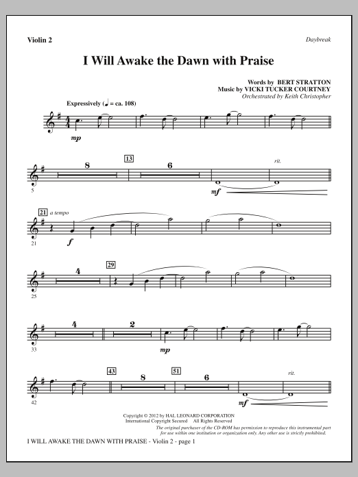 Product picture to: I Will Awake The Dawn With Praise - Violin 2
