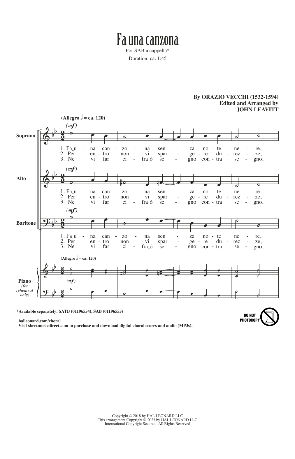 Product picture to: Fa Una Canzona (arr. John Leavitt)
