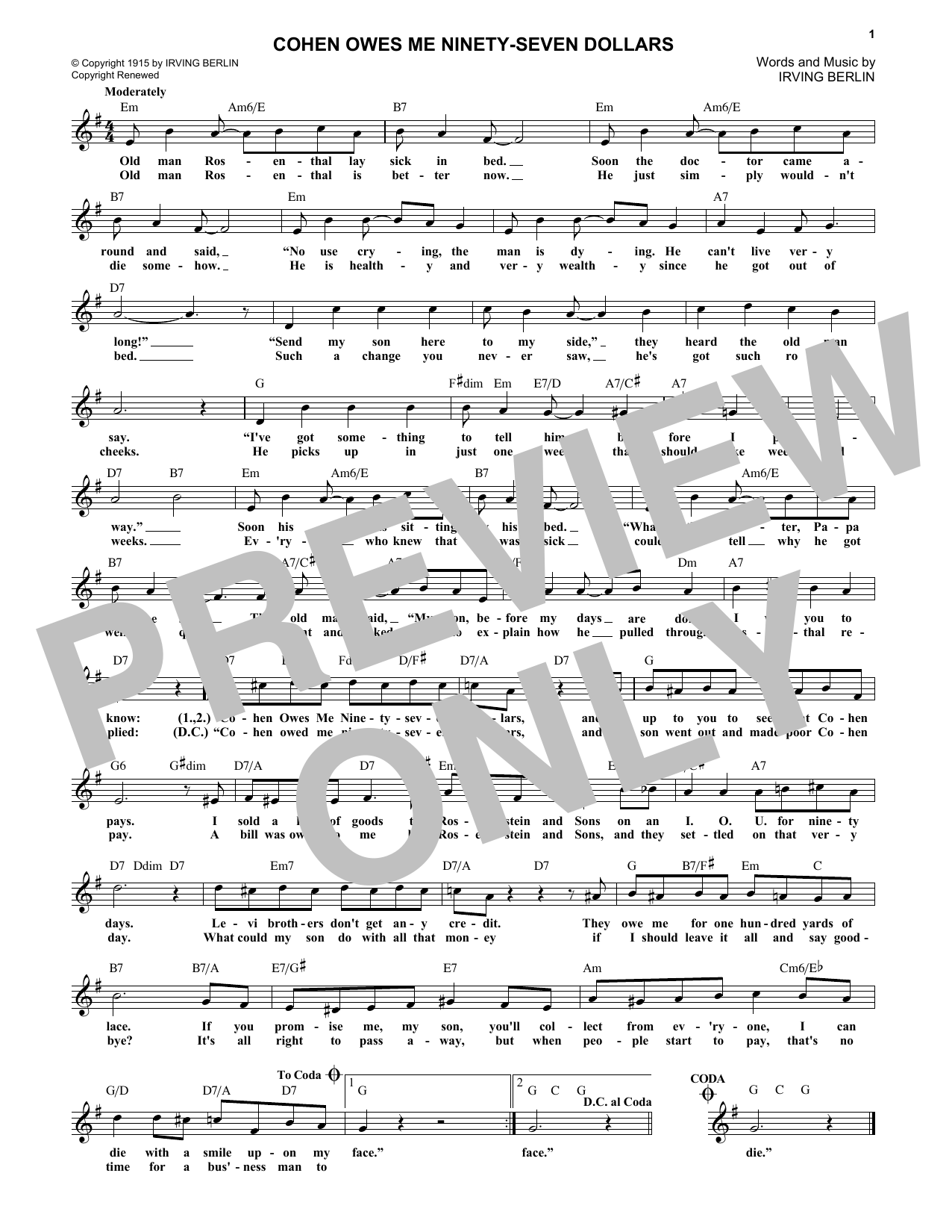 Product gallery: Page 1 of 1 Cohen Owes Me Ninety-Seven Dollars, Irving Berlin