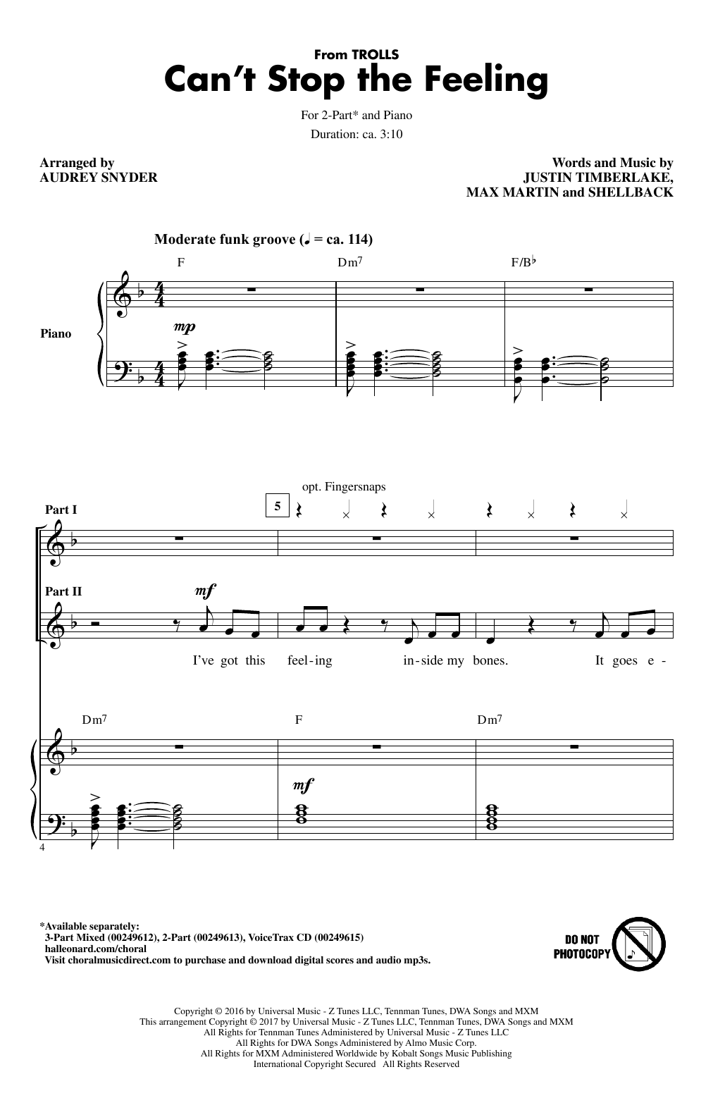 Product picture to: Can't Stop The Feeling (from Trolls) (arr. Audrey Snyder)