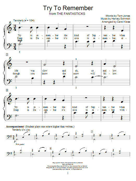Product picture to: Try To Remember (from The Fantasticks) (arr. Carol Klose)