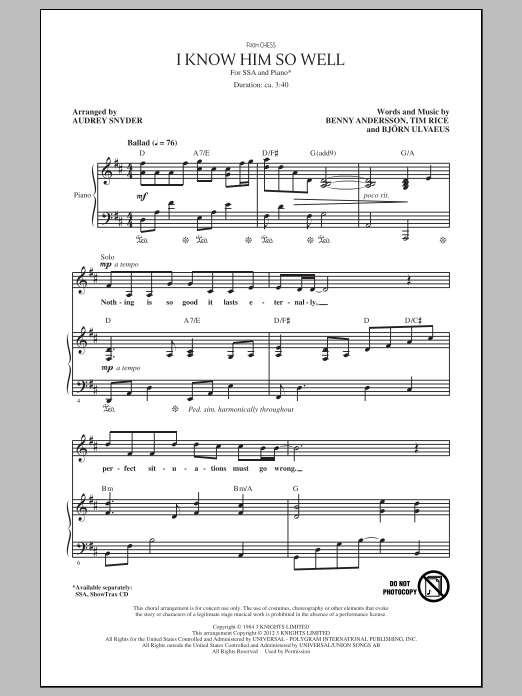 Produktgalerie: Seite 1 von 1 I Know Him So Well (from Chess) (arr. Audrey Snyder), Benny Andersson, Tim Rice and Bjorn Ulvaeus, Chor