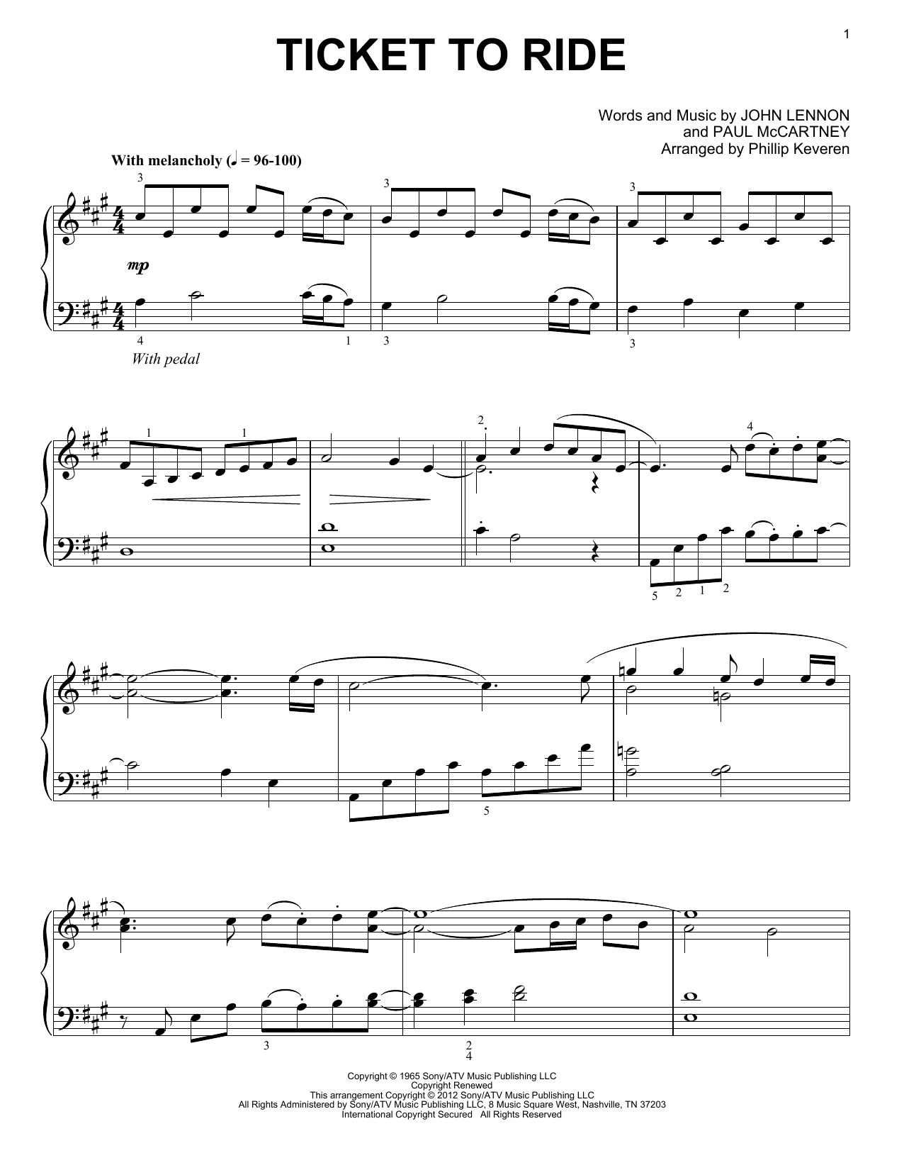 Product gallery: Page 1 of 1 Ticket To Ride [Classical version] (arr. Phillip Keveren), The Beatles