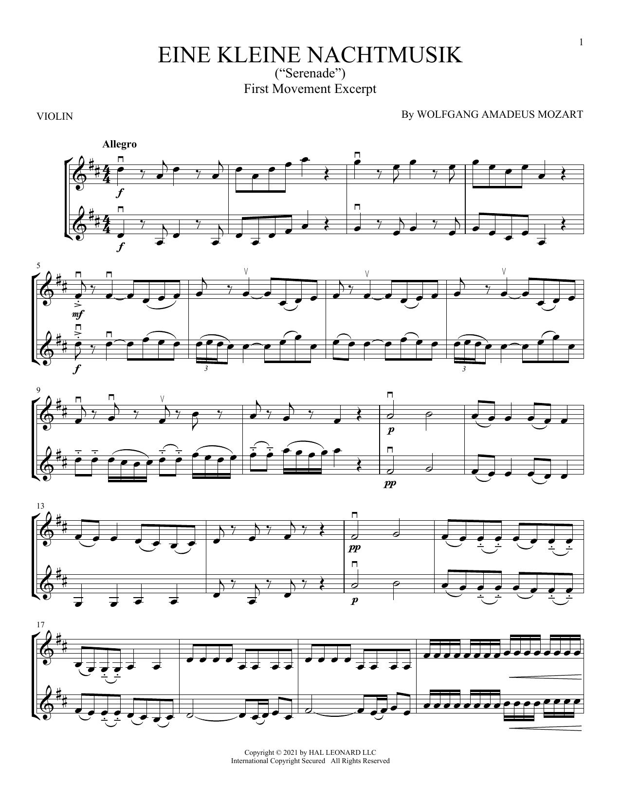 Product gallery: Page 1 of 1 Eine Kleine Nachtmusik ("Serenade"), First Movement Excerpt, Wolfgang Amadeus Mozart