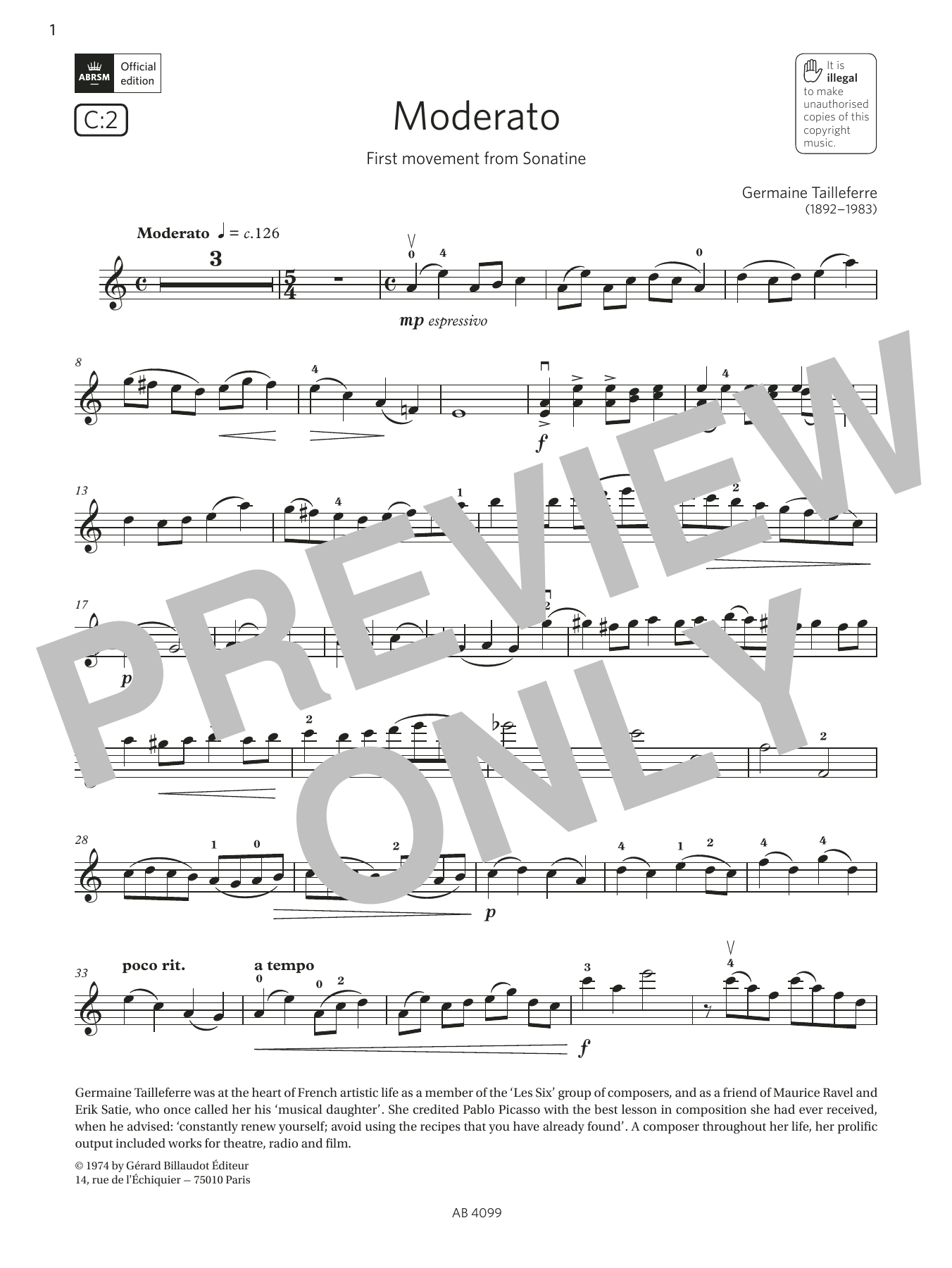 Product gallery: Page 1 of 1 Moderato (Grade 5, C2, from the ABRSM Violin Syllabus from 2024), Germaine Tailleferre